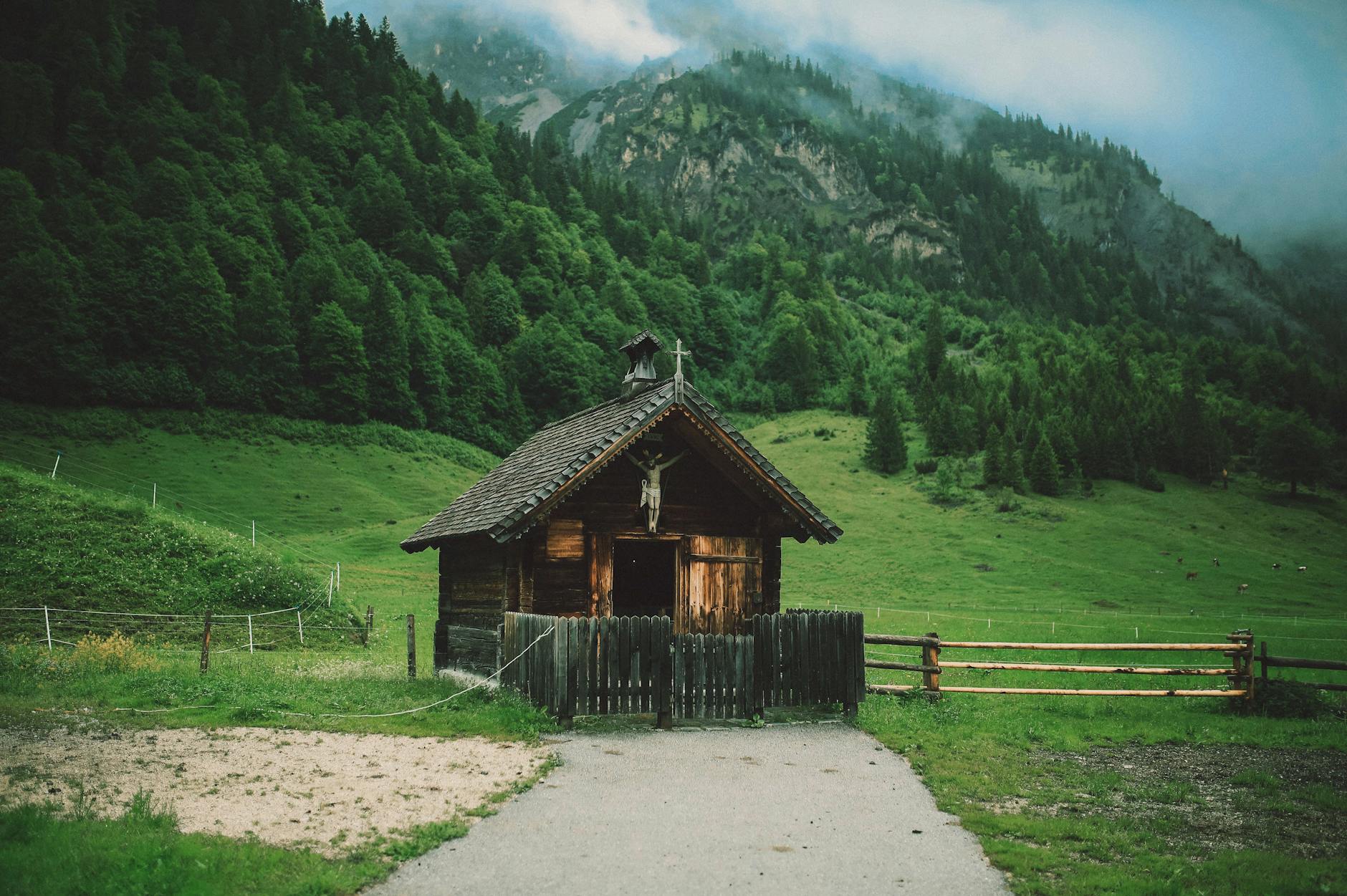 brown wooden house surrounded by grass